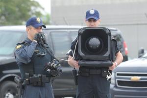 June 3, 2010 Police demonstrate the Long Range Acoustic Device (LRAD). The Integrated Security Unit for the G20 held a technical briefing at the Toronto Police College. The technical briefing is designed to feature specialized units from the Toronto Police Service, Peel Regional Police, the OPP, the RCMP and the Canadian Forces that will be utilized during the G20. It will provide an opportunity for the media to become familiar with what they will see on the streets of Toronto during the summit from a law enforcement and security perspective. Units on display include Police Dog Services, Mounted Unit, Marine Unit, Public Safety Unit, Traffic Services, Video Services, Emergency Task Force and Tactical Emergency Services from both Toronto EMS and Toronto Fire Services. (Carlos Osorio/Toronto Star)