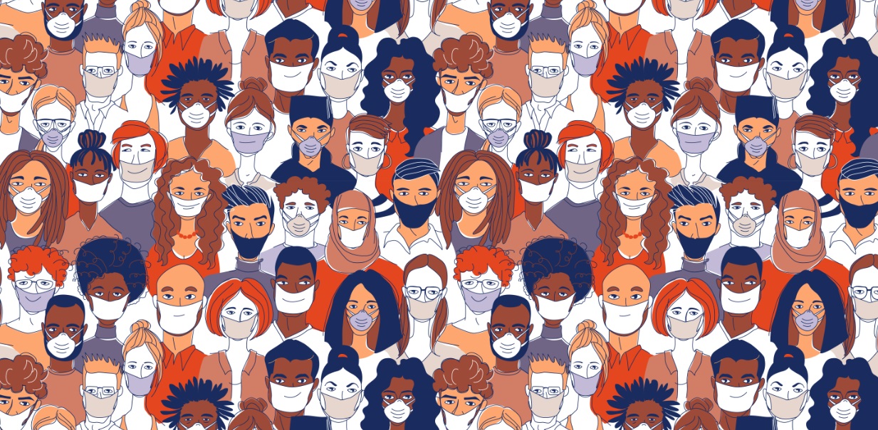 Diverse crowd group people wearing medical masks protection coronavirus epidemic.